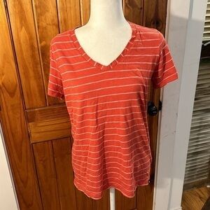 The North Face red striped v neck tee shirt size M